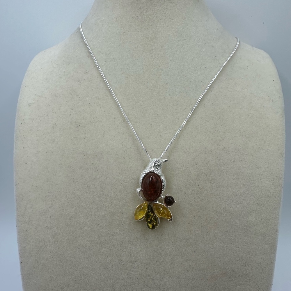 Multi Color Amber and Silver Bird Pendant on Silver Chain - Picture 8 of 9